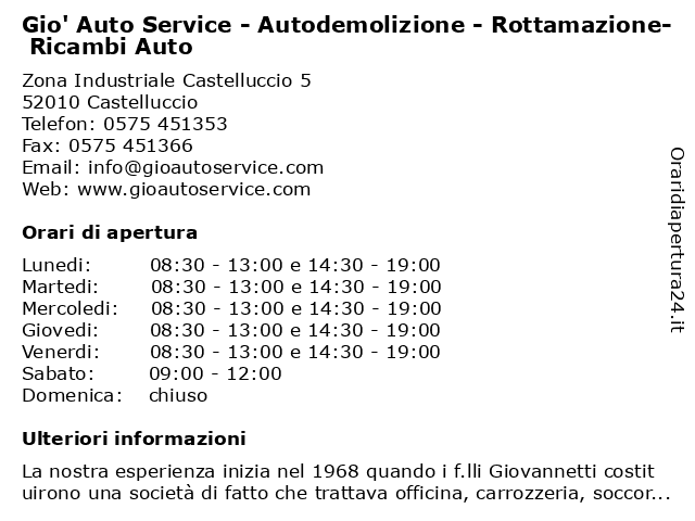 Orari di apertura Gio Auto Service Autodemolizione